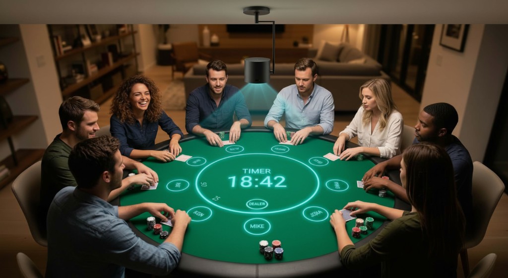 Friends playing around a poker table with a digital projection showing timer, dealer, and seat labels on the felt.